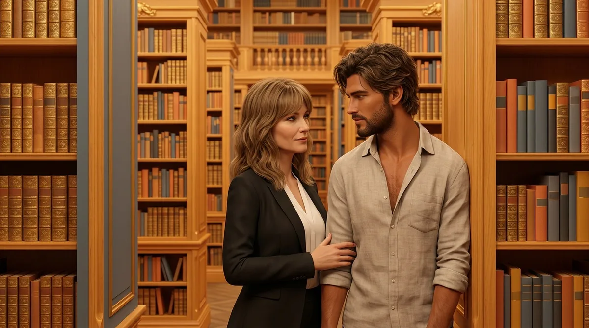 Im goldenen Rokokosaal der Bibliothek stehen Henriette und der junge Surfertyp dicht zwischen zwei hohen Bücherregalen, ihre Hand an seinem Ärmel, ein aufgeladener verschwörerischer Blick.