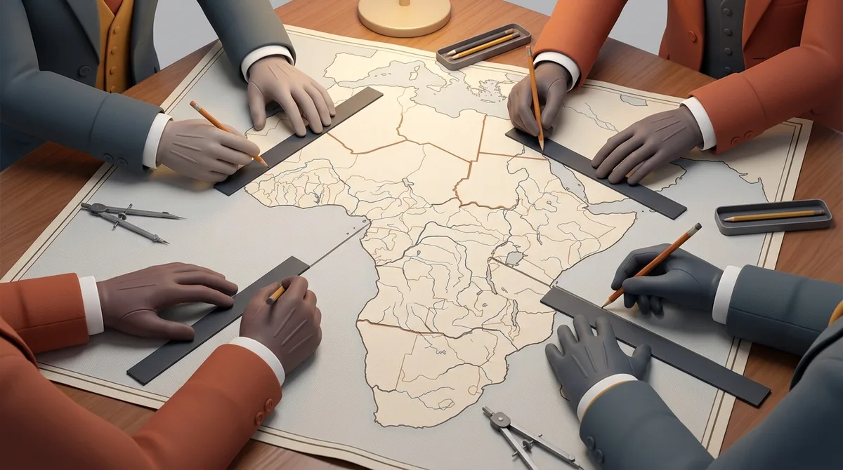 Mehrere behandschuhte europäische Hände greifen über eine große Afrika-Karte auf einem Tisch und ziehen mit Linealen gerade Grenzlinien, die den Kontinent aufteilen.
