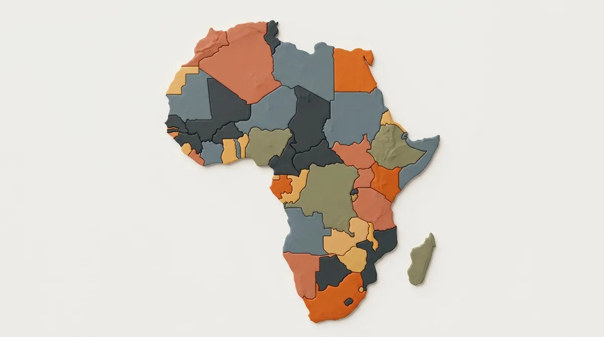 Eine stilisierte Reliefkarte des afrikanischen Kontinents von oben, in mehrere große farblich abgesetzte Gebiete geteilt, ohne Beschriftung.