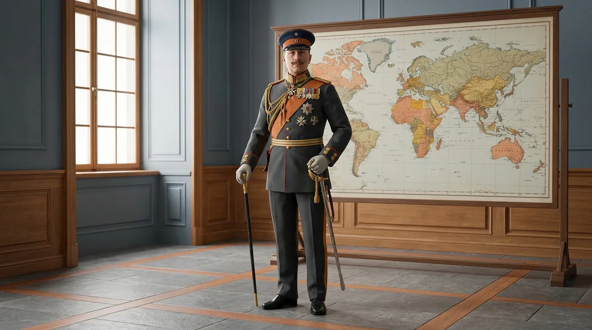 Ein förmliches Standporträt Kaiser Wilhelms II. in dunkler Uniform vor einer großen Weltkarte, auf der Afrika hervorsticht, in aufrechter, ehrgeiziger Haltung.