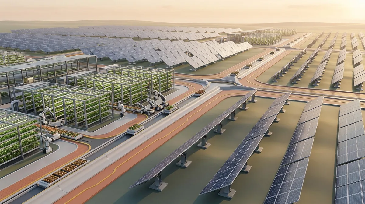Eine weite, lichte Szene automatisierter Produktion mit Solarfeldern und ruhigen Roboterfarmen, die reichlich Güter über saubere Bahnen liefern.