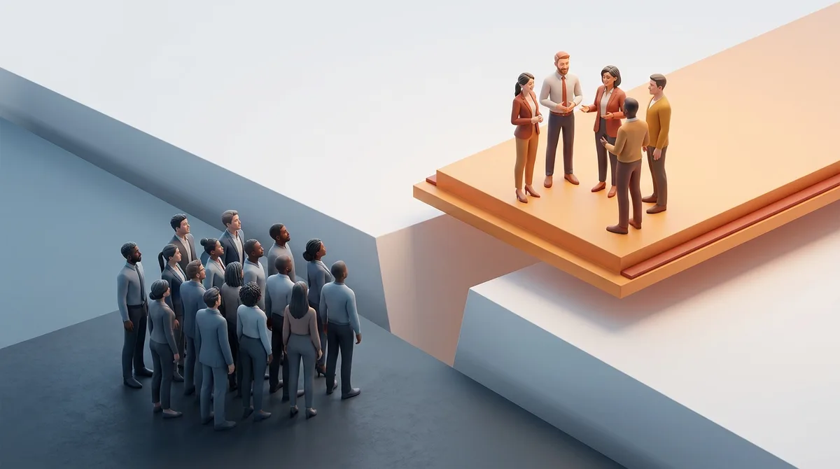 Eine gespaltene Arbeitswelt, eine kleine Gruppe auf einer hellen erhöhten Plattform, eine größere Gruppe auf einer tieferen Ebene im kühlen Schatten, dazwischen eine sich öffnende Kluft.