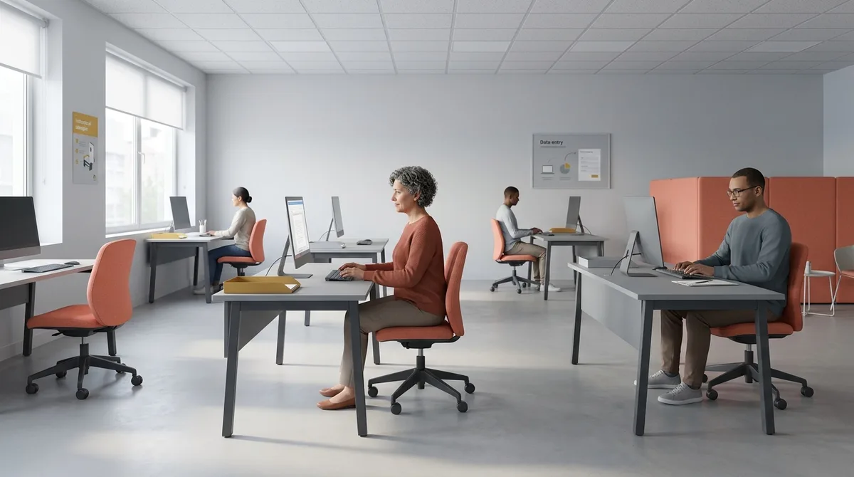 Ein heller Umschulungsraum, in dem frühere Fabrik- und Handelsbeschäftigte an einfachen Arbeitsplätzen neue digitale Fähigkeiten lernen.