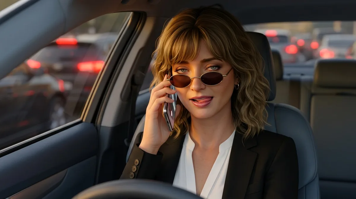 Nahaufnahme der Frau mit getoenter Sonnenbrille, die mit laszivem Laecheln das Telefon ans Ohr haelt, im warmen Gegenlicht, hinter dem Seitenfenster die verschwommenen roten Bremslichter des Staus.