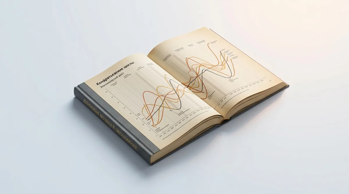 Ein aufgeschlagenes Buch auf heller Fläche zeigt auf seinen Seiten ein dicht gedrucktes Wirtschaftsdiagramm mit langen Wellenkurven, der Buchrücken trägt einen russischen Titel.