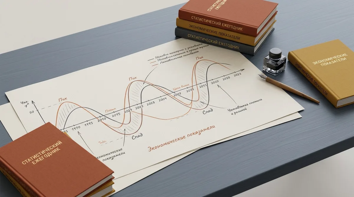 Auf einem breiten Holztisch liegen große handgezeichnete Diagramme mit drei überlagerten langen Wellenkurven, daneben geschlossene statistische Jahrbücher und ein Tintenfass.