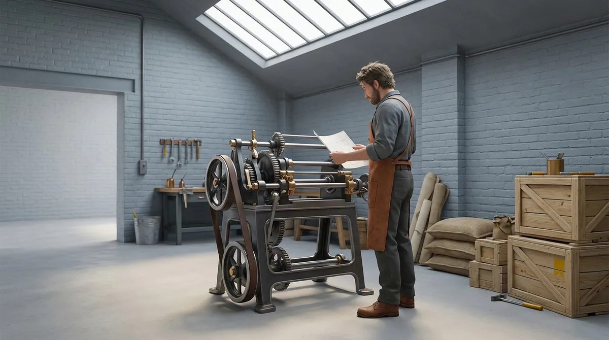 Eine einzelne Gestalt steht um 1890 in einer frühen Werkstatt vor einer neu zusammengebauten Maschine mit Zahnrädern und Antriebsriemen, technische Zeichnungen in der Hand, diffuses Oberlicht.