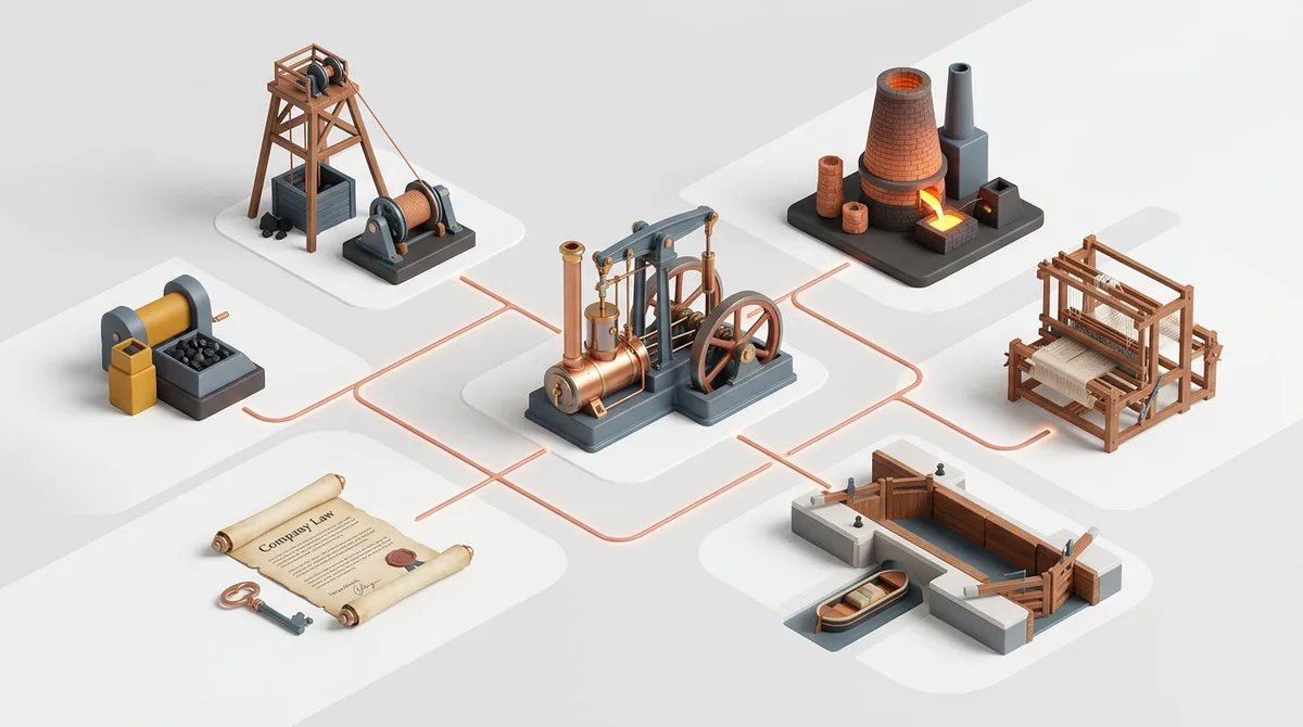 Eine breite Komposition zeigt sechs miteinander verbundene industrielle Elemente des frühen 19. Jahrhunderts, als Netzwerk angeordnet.